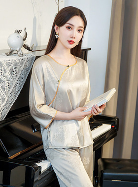 新款冰丝睡衣女夏季中式国风套装仿真丝缎面套头提花居家服可外