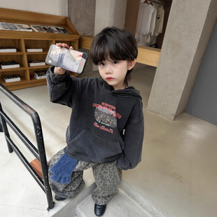 儿童砂洗卫衣男童秋冬季韩版25新款连帽加绒潮范美式运动保暖上衣