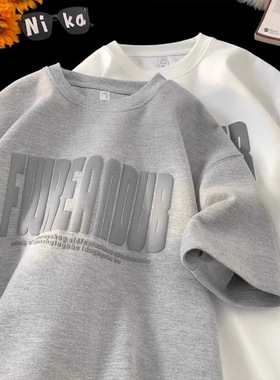 300g重磅发泡印花短袖t恤男夏季圆领半袖宽松潮流休闲五分袖上衣