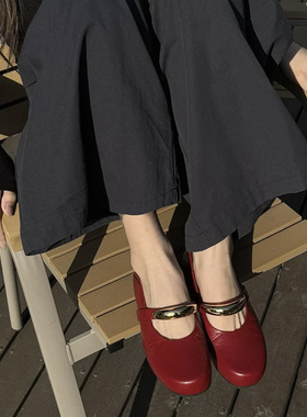 真软皮手抓纹红色玛丽珍单鞋女2025春季新款百搭浅口平底单鞋子