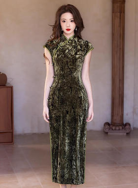 墨绿色旗袍年新款改良复古中国风气质优雅长款感连衣裙
