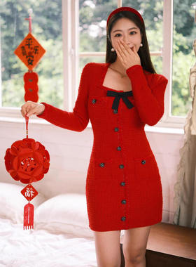 早春法式气质新年战袍红色蝴蝶结方领单排扣连衣裙