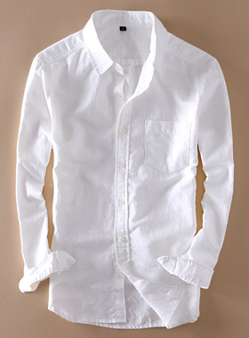 春新款白色薄款清新透气长袖衬衫男士沙滩休闲防晒衬衣男