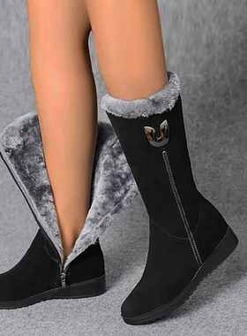 冬季百搭雪地靴女鞋加绒加厚中筒马丁靴坡跟防滑保暖侧拉链棉