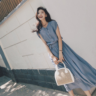 #雪纺连衣裙女夏新款韩版气质裙子很仙的法国小众过膝长裙