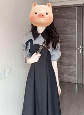 韩版学院风复古气质收腰甜美连衣裙女黑灰色搭配两件套