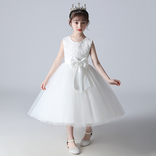 女童夏装连衣裙白色中大童花童生日钢琴演出服儿童礼服公主裙女孩
