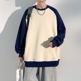 男士卫衣新款春秋季宽松休闲圆领拼色上衣男式套头长袖打底衫