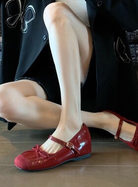 羊皮版！红色玛丽珍鞋女浅口蝴蝶结一字带温柔晚风内增高单鞋婚鞋