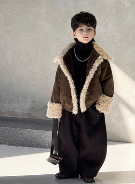 男童皮衣外套2025秋冬新款毛领加绒儿童皮衣夹克帅气潮范