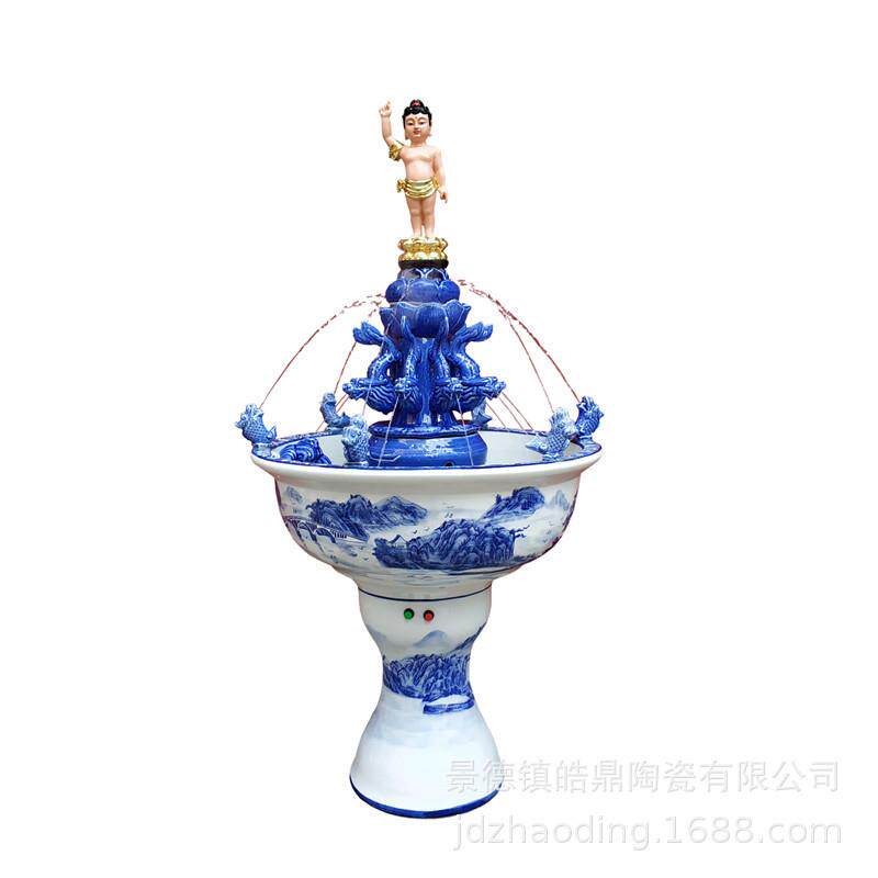 陶瓷九龙喷水浴佛盆太子佛寺庙家用浴佛用品循环雾化流水喷泉