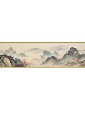 中式水墨意境山水长版挂画茶室横版风景画客厅沙发背景装饰画