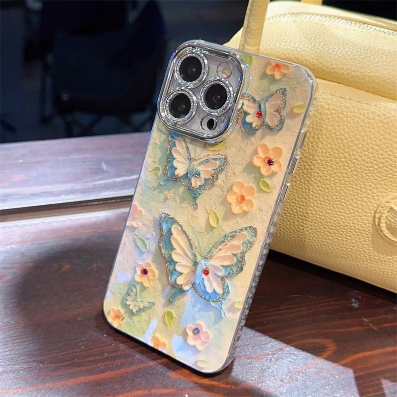 新品2026蓝光油画花朵蝴蝶适手机保护套/壳