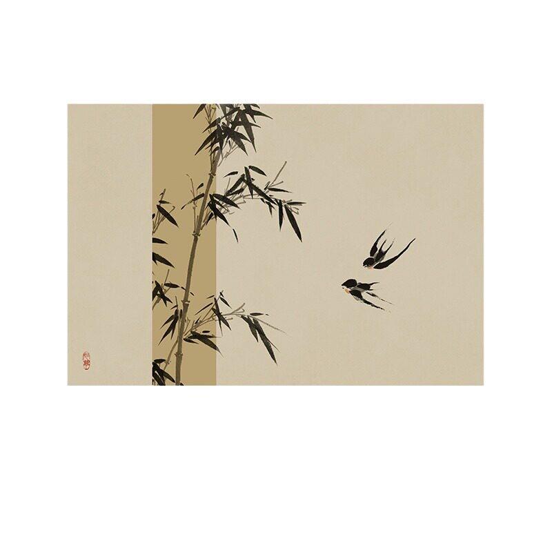 中古风客厅沙发背景墙挂画书房横幅燕子壁画法式复古竹子装饰画