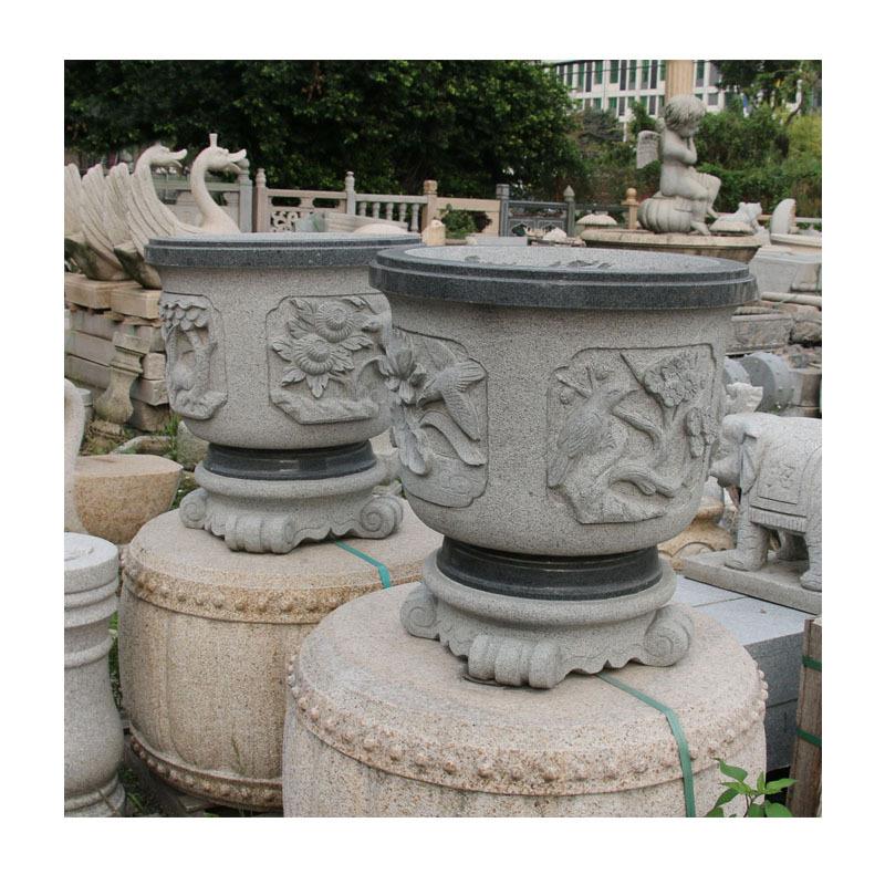 大型花岗岩浮雕花钵|φ140cm庭院景观盆|酒店石雕花盆