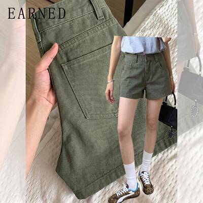 EARNED 自留款推荐~军绿工装牛仔短裤女夏季新款高腰直筒阔腿热裤