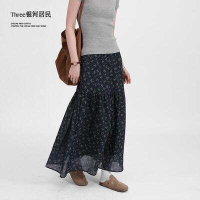 Three银河居民 温柔韩系碎花半身裙女夏薄款高腰显瘦a字裙中长裙