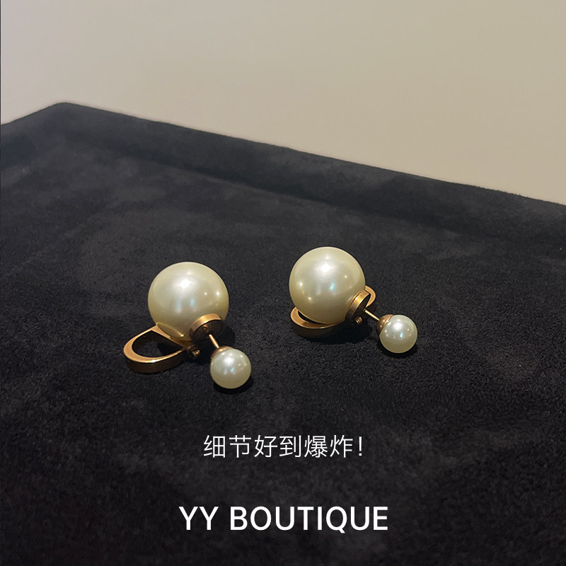 前后大小珍珠耳环耳钉杨采钰同款复古古铜色无耳洞耳夹法式气质