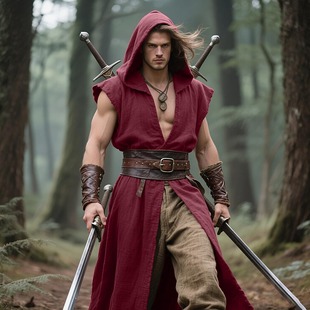 男士中世纪连帽无袖外衣 文艺复兴时期长袍 无袖连帽长袍 维京人