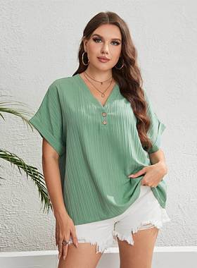 PLUS SIZE WOMEN SHIRTS SUMMER夏季绿色V领清新时尚大码女式上衣