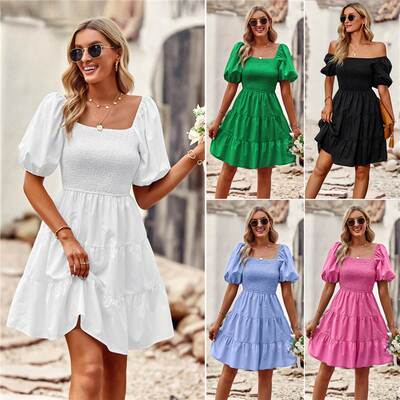 白色连衣裙 Off-shoulder square neck summer white short dress