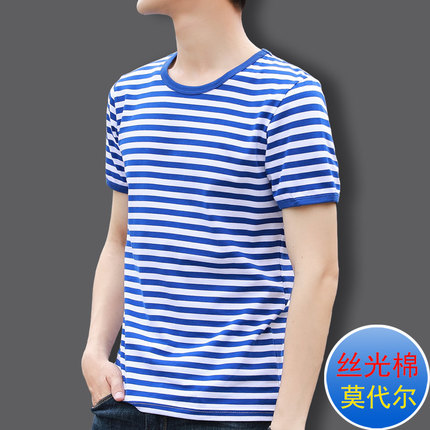 际谦正品海魂衫男短袖T恤冰丝光棉夏季蓝白色横条纹莫代尔水手服
