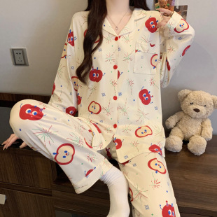 可爱卡通烟花小苹果睡衣女春秋款 长袖 薄款 舒适宽松家居服套装