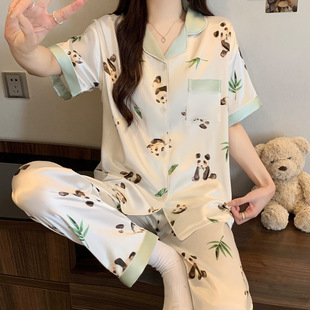 套装 国风熊猫轻奢可爱ins风竹叶冰丝睡衣女夏休闲短袖 家居服