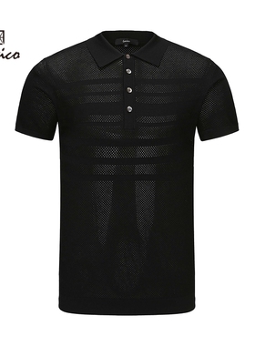 【商场同款】Lavico/朗维高男士黑色商务翻领Polo领四粒扣短袖T恤