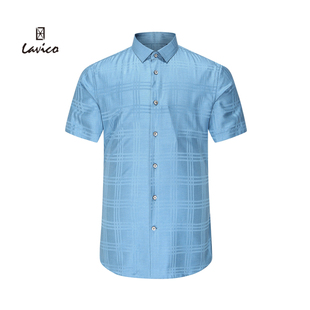 100%桑蚕丝 商务短袖 Lavico 短衬蓝色格纹时尚 衬衫 朗维高男士