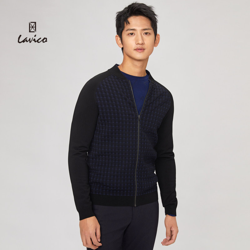 【商场同款】lavico/朗维高男装棒球领格纹提花插肩长袖针织开衫