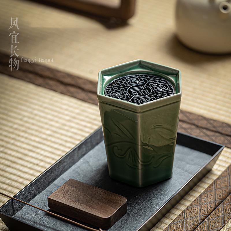 复古梅子青瓷围庐建水水盂陶瓷浮雕茶渣缸杯洗功夫茶具茶道配件