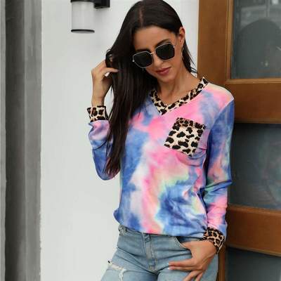 Womens tie-dye leopard print patchwork long-sleeved