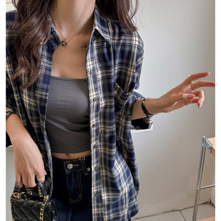 格纹港风衬衫复古冷淡风长袖防晒衬衣女款春季开衫设计感格子外套