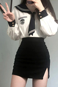 黑色大码 开叉包臀裙辣妹修身 性感学院风短裙纯欲弹力带内衬半身裙