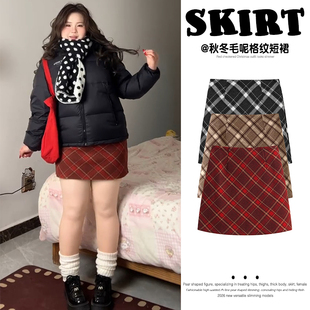 复古红色格子毛呢半身裙女秋冬大码 胖m高腰显瘦小个子a字包臀短裙