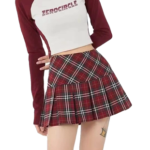 美式复古格子jk半身裙女秋季学院风大码高腰显瘦西装a字百褶短裙