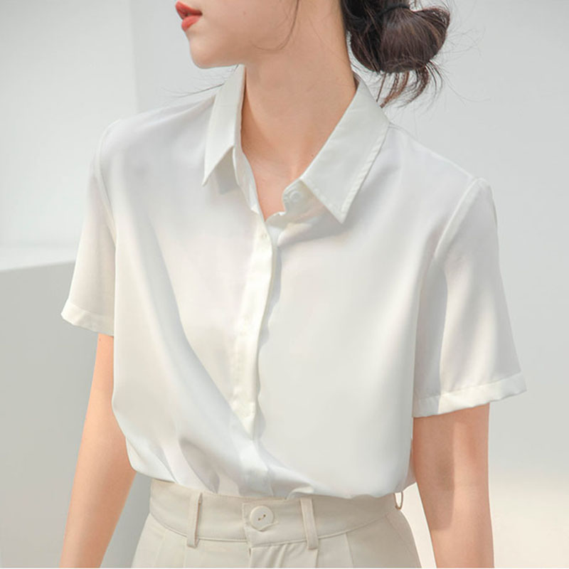 大码白色短袖衬衫女职业正装韩版夏季胖mm工作服垂感透气衬衣女
