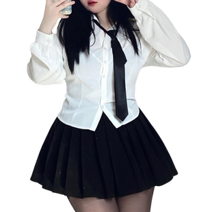 微胖穿搭jk纯欲套装女春秋大码收腰长袖白衬衫制服+高腰A字百褶裙