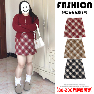 圣诞穿搭红色毛呢格子裙女秋冬大码 胖m遮肉高腰a字短裙显瘦包臀裙