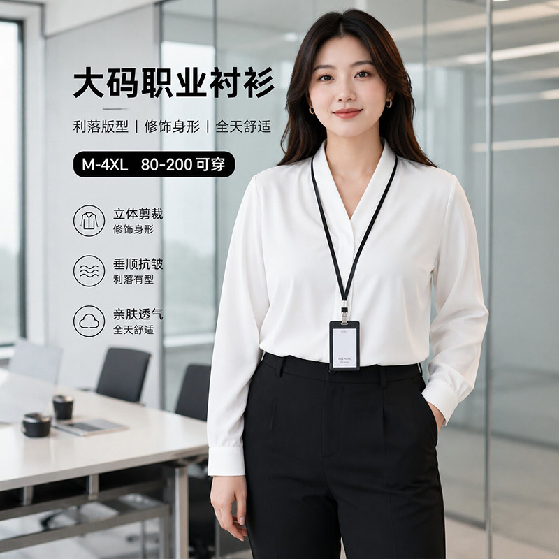 高级气质v领白色衬衫女长袖秋季大码职业正装工作服面试通勤制服