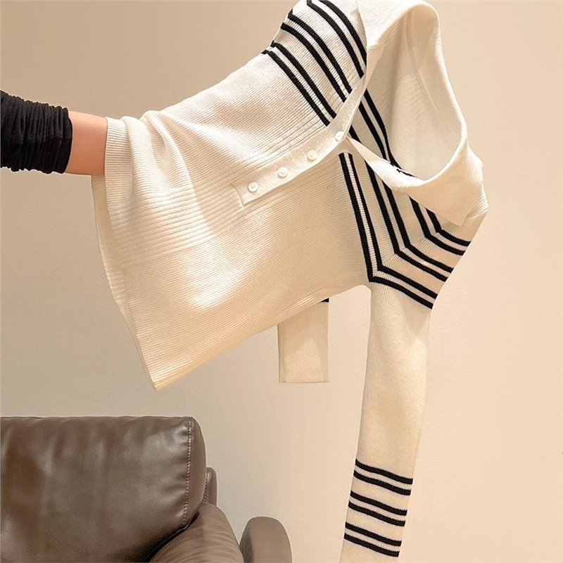 撞色条纹针织长袖T恤打底衫内搭女2025秋冬新款半开领高级感上衣