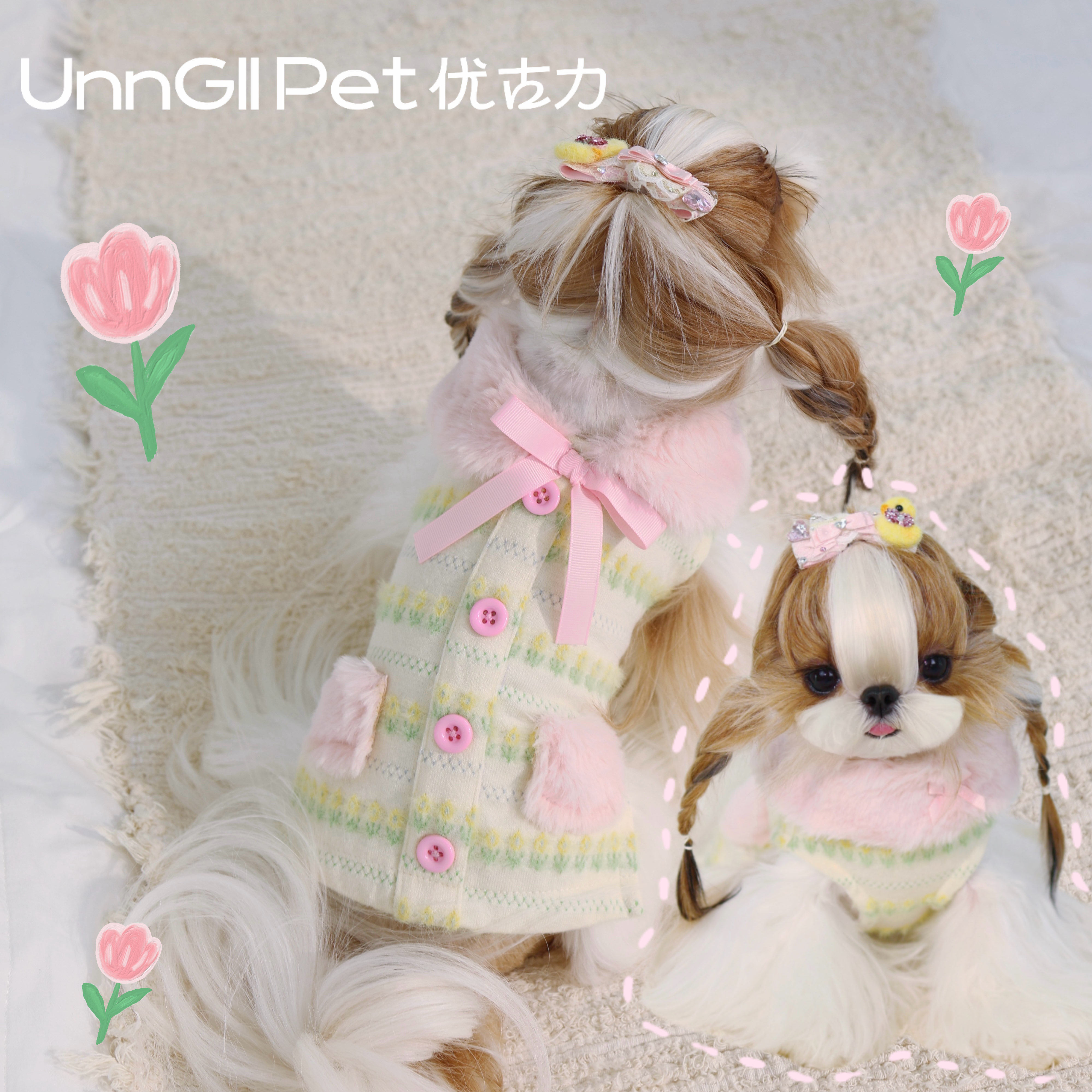 UnnGllPet优古力原创秋冬粉色毛领蝴蝶结郁金香毛衣外套宠物衣服