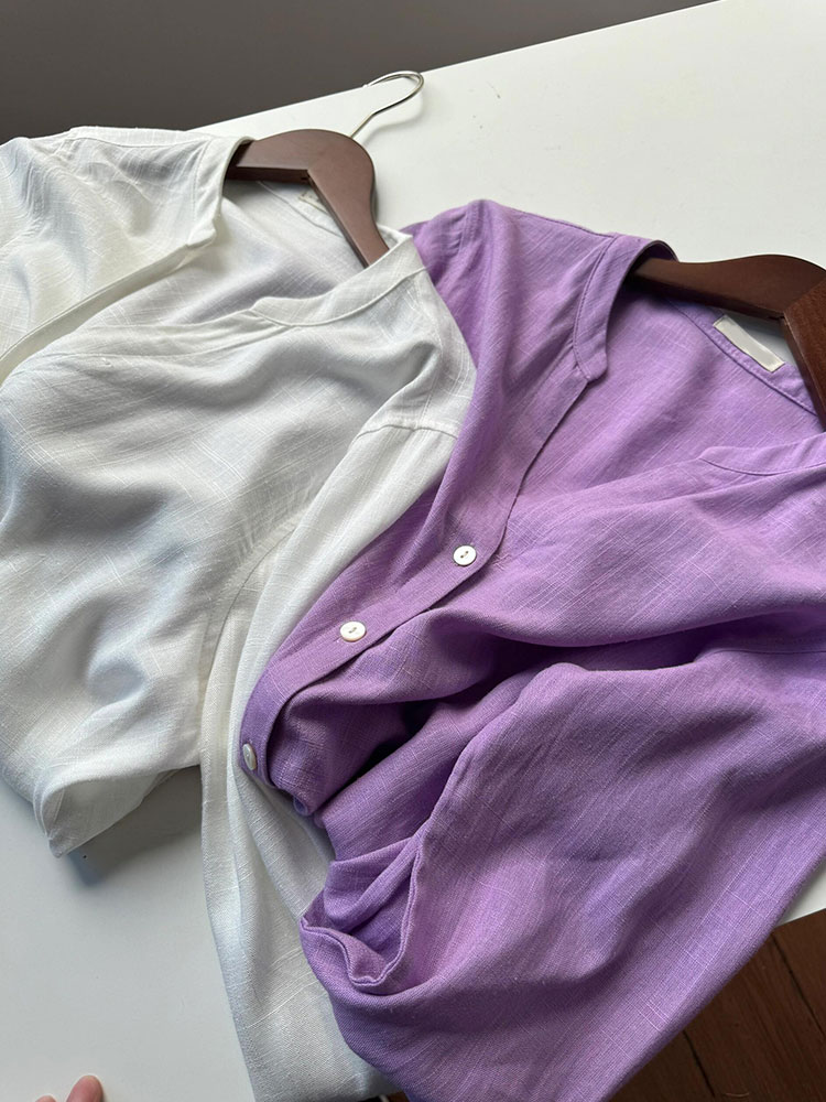 高端轻奢紫色苎麻衬衫开衫女2024年新款设计感v领单排扣显瘦上衣