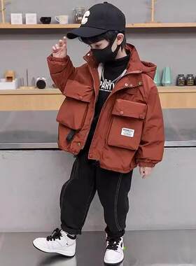 男童加绒派克服风衣秋冬新款中小童加厚外套男孩冬季连帽棉衣服潮