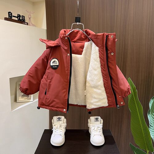 男童加绒加厚外套秋冬款儿童派克服冬季2025新款男宝宝连帽棉衣服