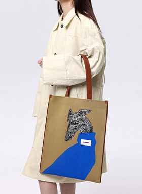 进化论/FAKEROOM  针织牛皮托特手提复古包包灵缇可爱狗狗图案包