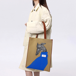 进化论/FAKEROOM  针织牛皮托特手提复古包包灵缇可爱狗狗图案包