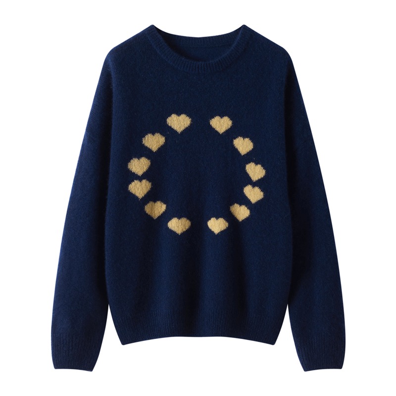 山月云织  丝羊绒75羊绒25桑蚕丝 藏蓝色爱心圆领 宽松套头针织衫