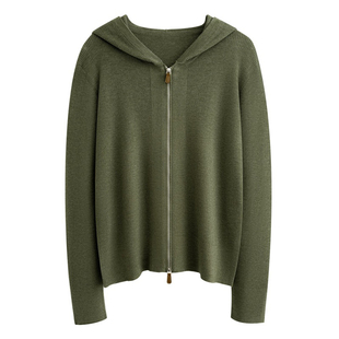 2025春精纺羊毛连帽拉链开衫女显瘦针织外套毛衣外搭舒适不扎